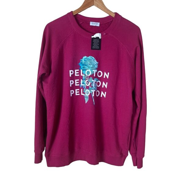 Peloton NWT Woman Small Burgundy‎ Rose Logo Print Oversized Crewneck Pullover - Picture 1 of 7